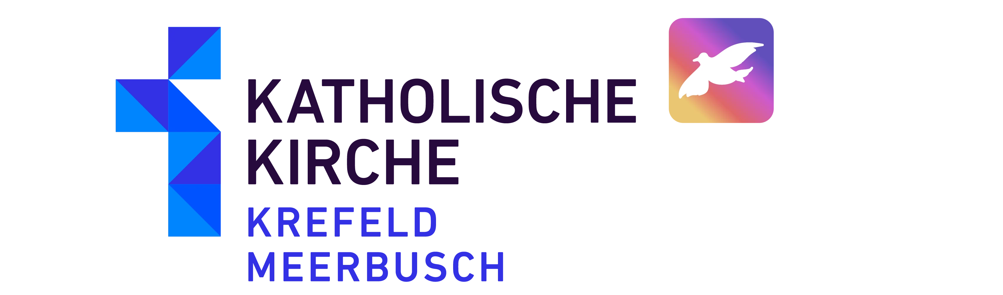 Logo des Bistums Aachen: Ein weißes Kreuz mit einer angedeuteten geteilte Hostie drumherum. Rechts davon das Logo der Firmvorbereitung Krefeld: Eine weiße Taube auf einem regenbogenfarbenen Hintergrund.